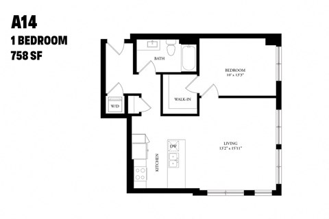 Floor plan for 1 bed, 1 bath, 758 sqft